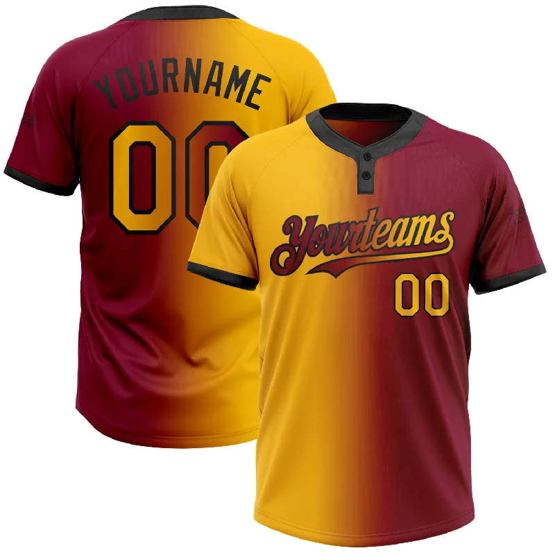 Comfortable Softball Jersey for Practice Sessions-Custom Maroon Gold-Black Gradient Fashion Two-Button Unisex Softball Jersey