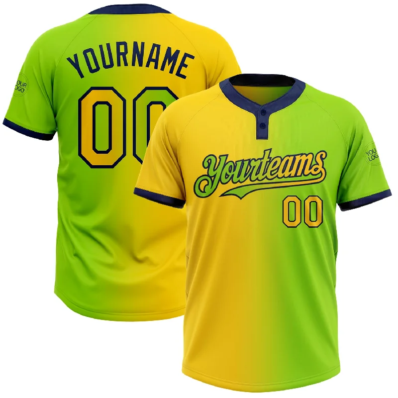 Stylish Softball Jersey with Bold Patterns and Colors-Custom Neon Green Yellow-Navy Gradient Fashion Two-Button Unisex Softball Jersey