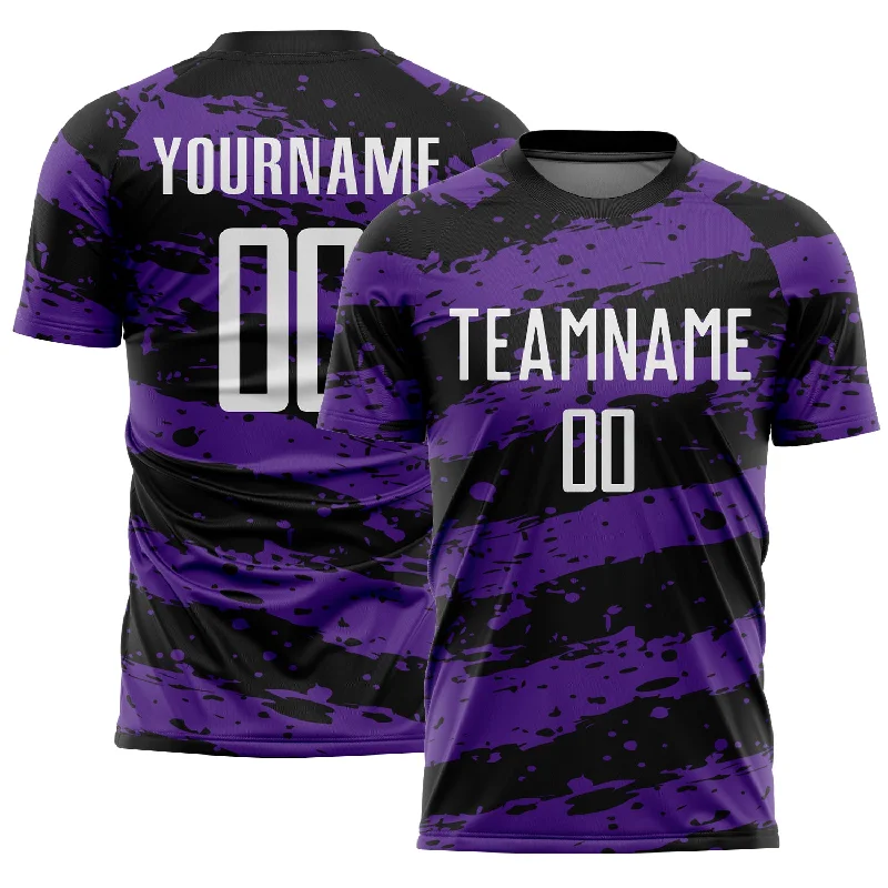 Football Jersey with Mesh Panels for Ventilation-Custom Black White-Purple Splash Sublimation Soccer Uniform Jersey