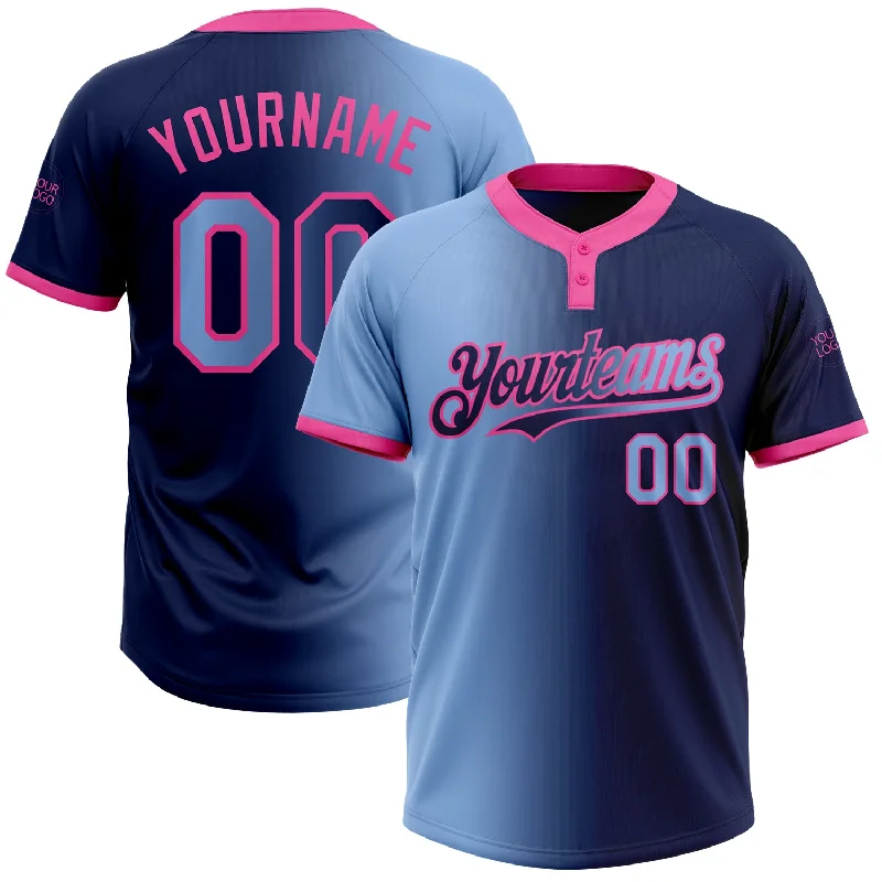 Soft Polyester Softball Jersey for Lightweight Feel-Custom Navy Light Blue-Pink Gradient Fashion Two-Button Unisex Softball Jersey