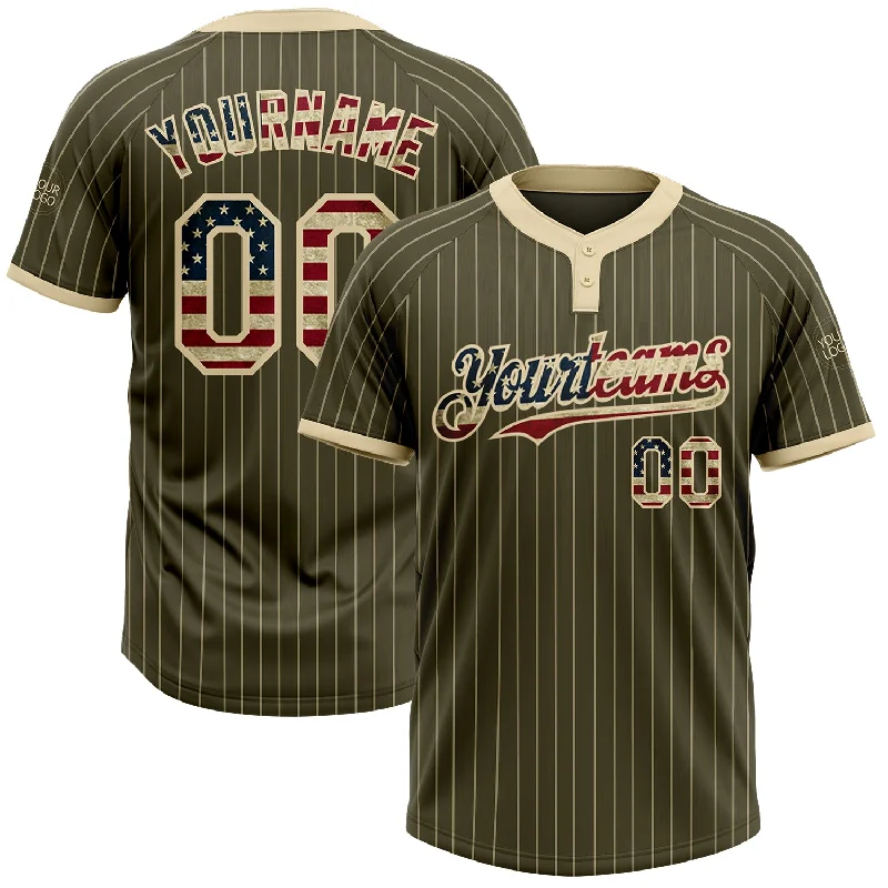 Softball Jersey for Fun and Friendly Games-Custom Olive Cream Pinstripe Vintage USA Flag Salute To Service Two-Button Unisex Softball Jersey