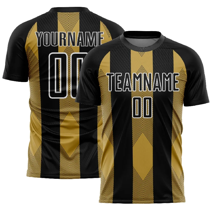 Lightweight Football Jersey for Full Movement-Custom Black Old Gold-White Line Sublimation Soccer Uniform Jersey