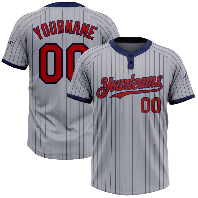 Custom Printed Softball Jersey for Fan Support-Custom Gray Navy Pinstripe Red Two-Button Unisex Softball Jersey