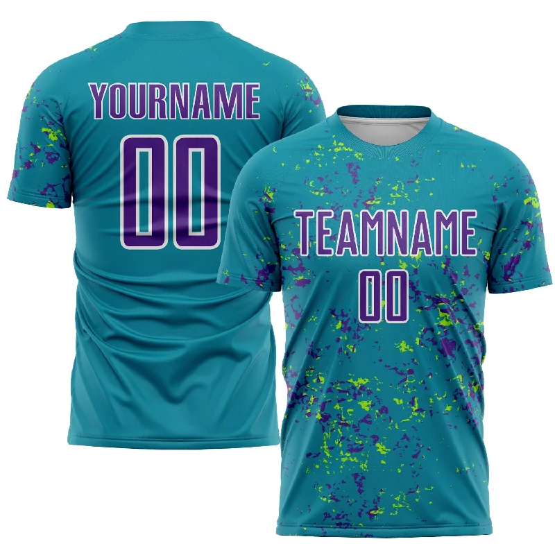 Football Jersey with Comfortable Fit for Game Days-Custom Teal Purple-Neon Green Abstract Fragment Art Sublimation Soccer Uniform Jersey