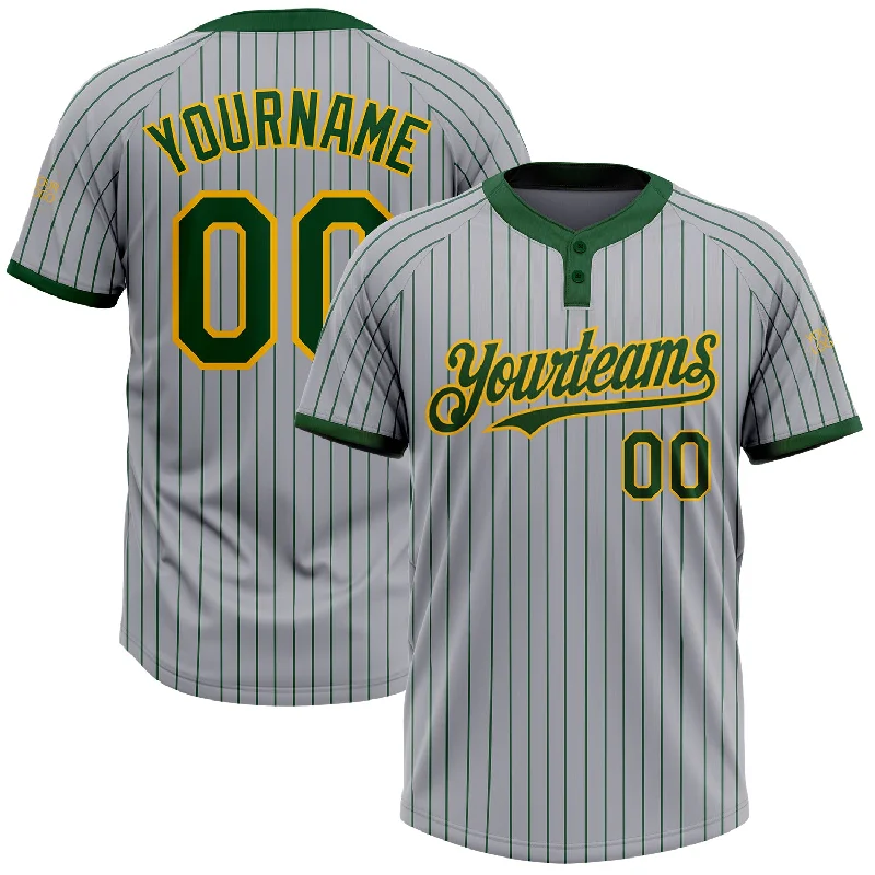 Lightweight Softball Jersey for Travel and Game Days-Custom Gray Green Pinstripe Gold Two-Button Unisex Softball Jersey