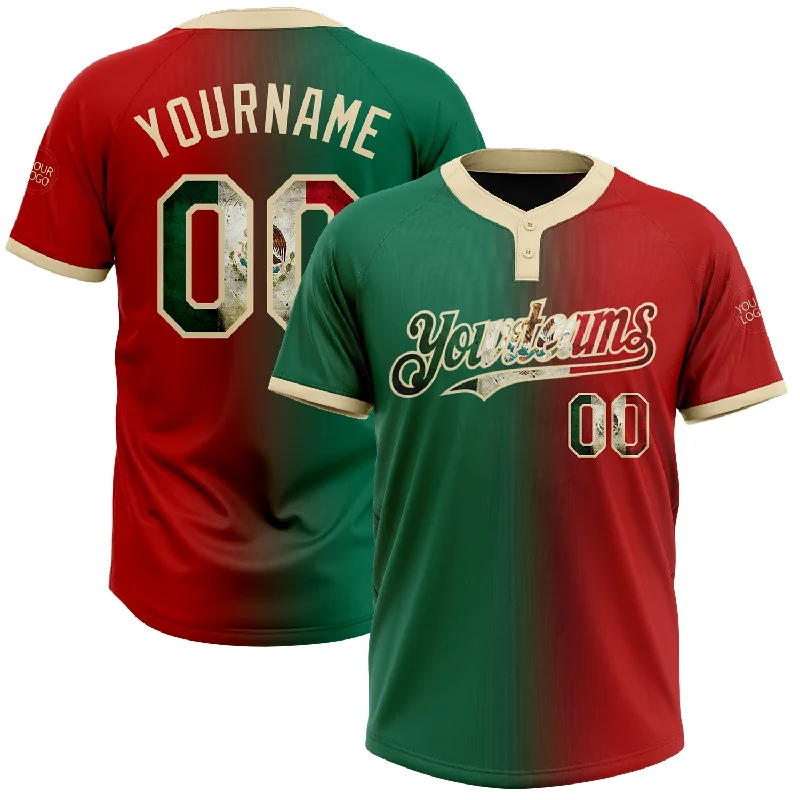 Retro-Inspired Softball Jersey for Vintage Style-Custom Red Vintage Mexican Flag Kelly Green-City Cream Gradient Fashion Two-Button Unisex Softball Jersey