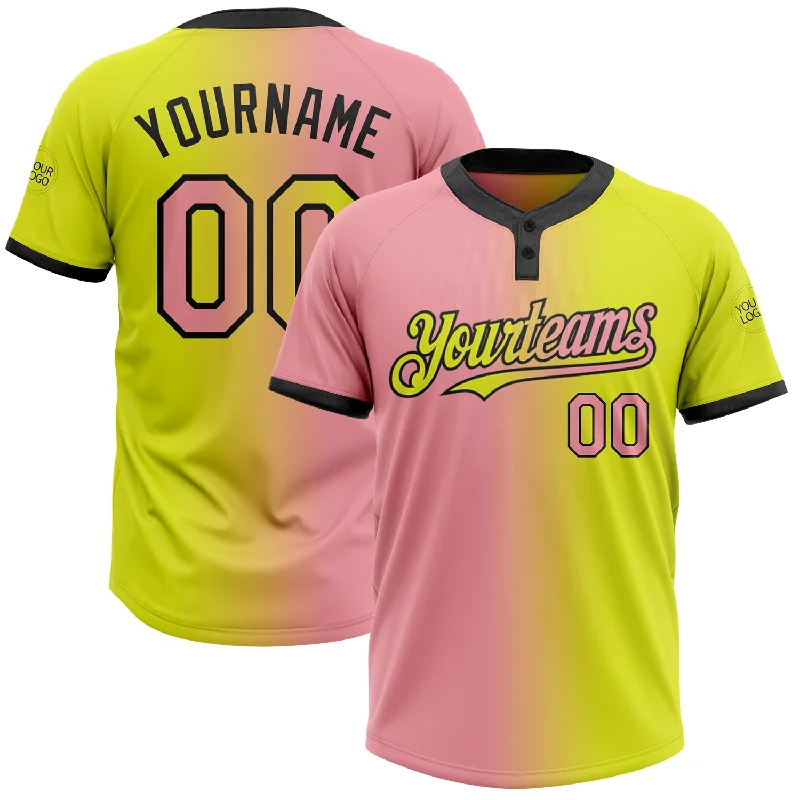 Softball Jersey for Casual Weekend Wear-Custom Neon Yellow Medium Pink-Black Gradient Fashion Two-Button Unisex Softball Jersey