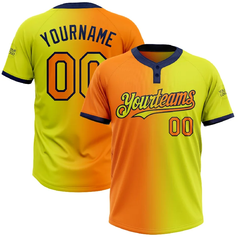 Personalized Softball Jersey for Special Occasions-Custom Neon Yellow Bay Orange-Navy Gradient Fashion Two-Button Unisex Softball Jersey