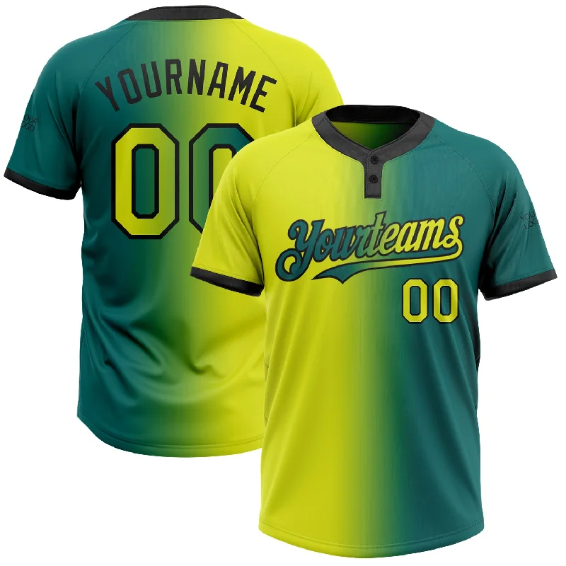 Personalized Softball Jersey for Sports Teams-Custom Teal Neon Yellow-Black Gradient Fashion Two-Button Unisex Softball Jersey