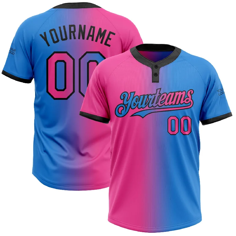 Retro Softball Jersey with Throwback Designs-Custom Electric Blue Pink-Black Gradient Fashion Two-Button Unisex Softball Jersey