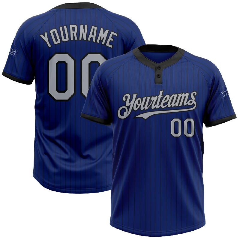 Modern Softball Jersey with Bold Lettering and Graphics-Custom Royal Black Pinstripe Gray Two-Button Unisex Softball Jersey