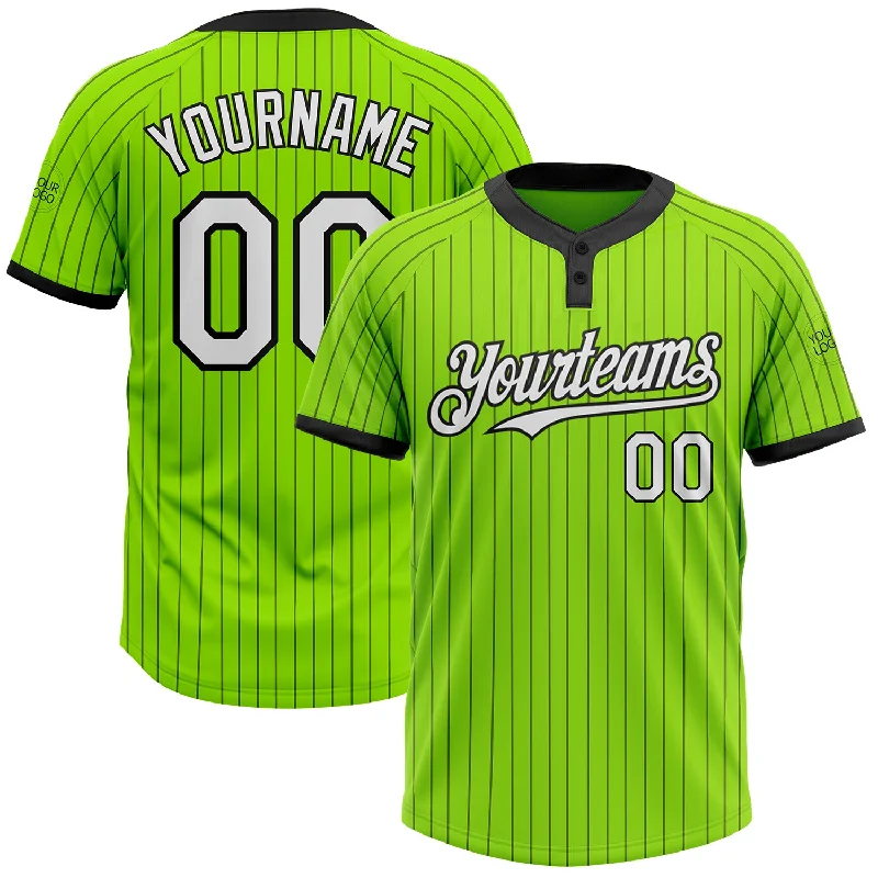 Comfortable Softball Jersey for Everyday Wear-Custom Neon Green Black Pinstripe White Two-Button Unisex Softball Jersey