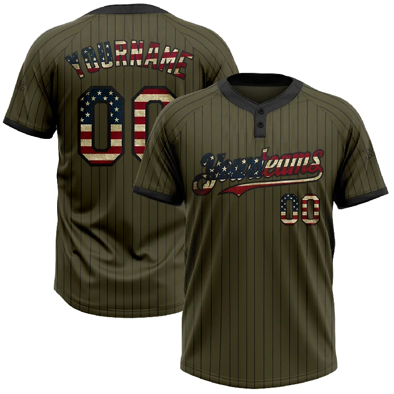 Comfortable Softball Jersey for All-Day Wear-Custom Olive Black Pinstripe Vintage USA Flag Salute To Service Two-Button Unisex Softball Jersey