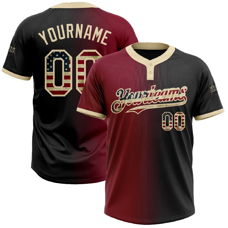 High-Quality Softball Jersey for Ultimate Comfort-Custom Black Vintage USA Flag Crimson-City Cream Gradient Fashion Two-Button Unisex Softball Jersey