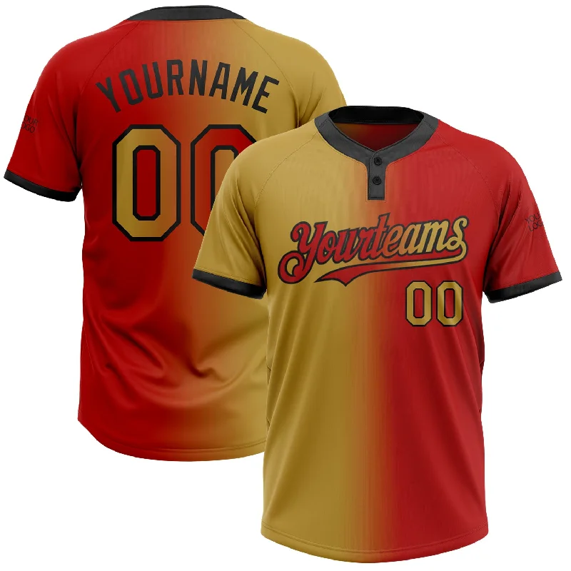 Street Style Softball Jersey for Trendy Looks-Custom Red Old Gold-Black Gradient Fashion Two-Button Unisex Softball Jersey