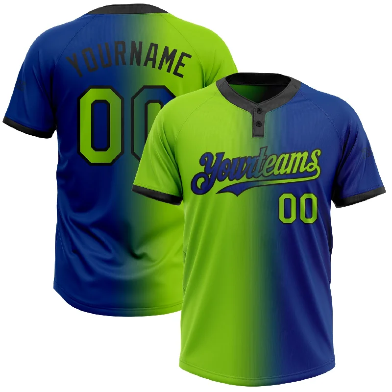 Stylish Softball Jersey for Gym Workouts-Custom Royal Neon Green-Black Gradient Fashion Two-Button Unisex Softball Jersey