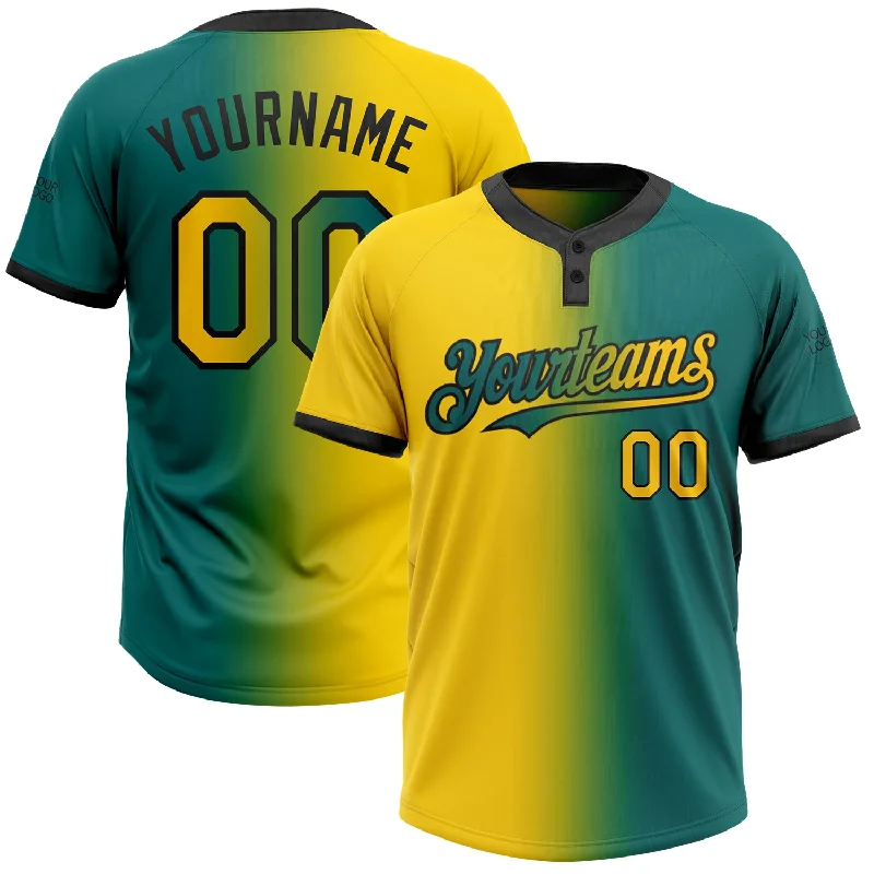 Softball Jersey for Fun and Friendly Games-Custom Teal Yellow-Black Gradient Fashion Two-Button Unisex Softball Jersey