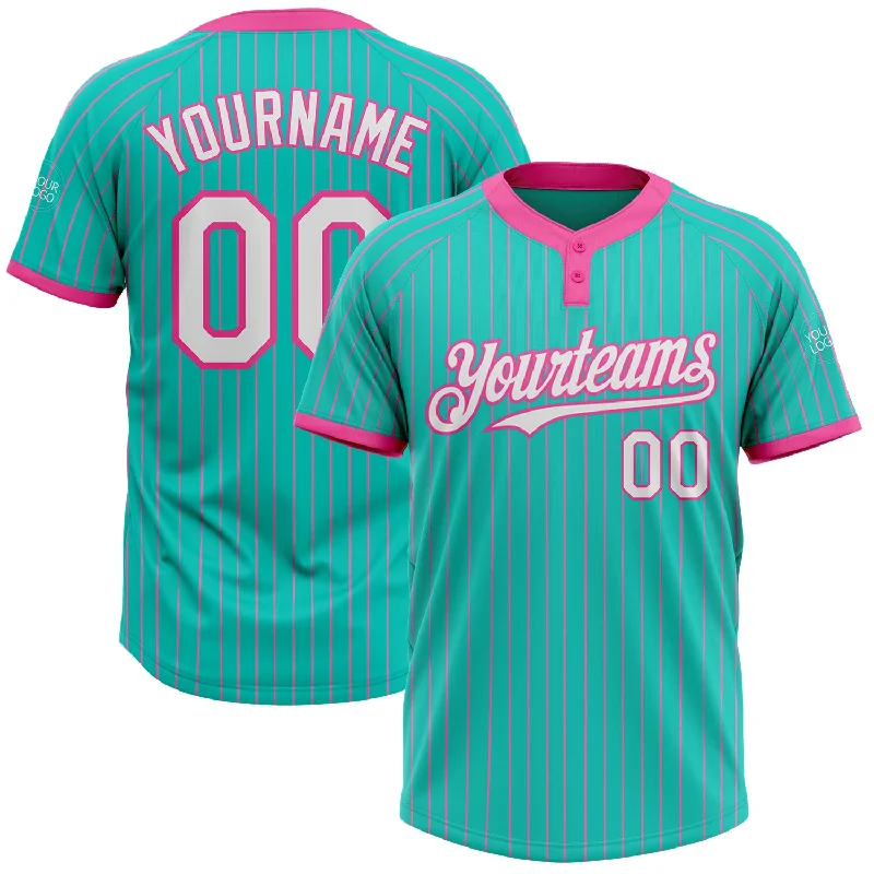 Customizable Softball Jersey for Your Team-Custom Aqua Pink Pinstripe White Two-Button Unisex Softball Jersey