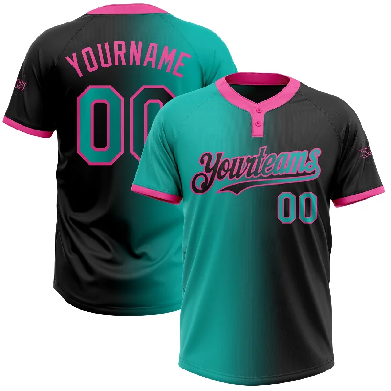 Softball Jersey with Bold Graphics for Style-Custom Black Aqua-Pink Gradient Fashion Two-Button Unisex Softball Jersey