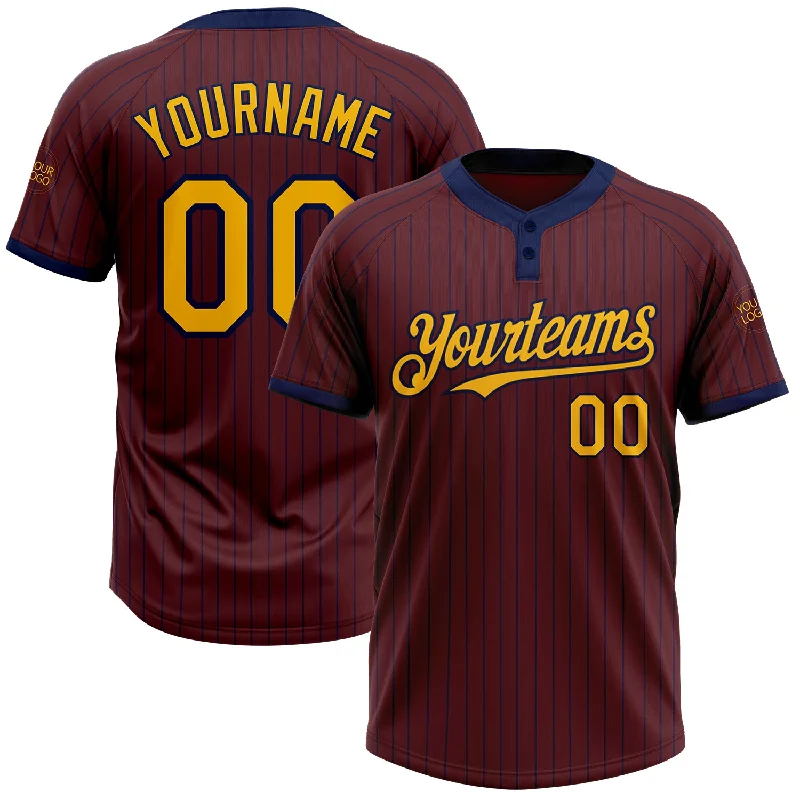 Trendy Softball Jersey for Fashion Enthusiasts-Custom Burgundy Navy Pinstripe Gold Two-Button Unisex Softball Jersey