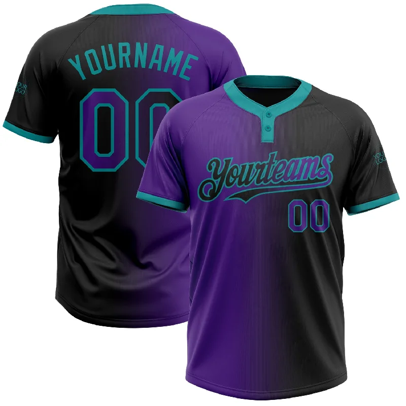 Stylish Softball Jersey for Casual Outfits-Custom Black Purple-Teal Gradient Fashion Two-Button Unisex Softball Jersey