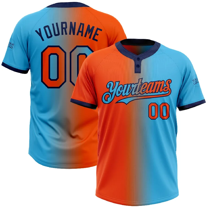 Custom Softball Jersey with Your Own Graphics-Custom Sky Blue Orange-Navy Gradient Fashion Two-Button Unisex Softball Jersey