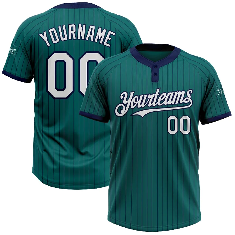 Trendy Softball Jersey for Fashion Enthusiasts-Custom Teal Navy Pinstripe White Two-Button Unisex Softball Jersey