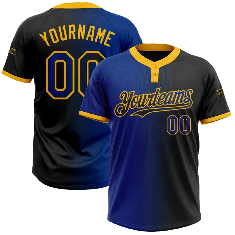 Comfortable Softball Jersey for All Seasons-Custom Black Royal-Gold Gradient Fashion Two-Button Unisex Softball Jersey