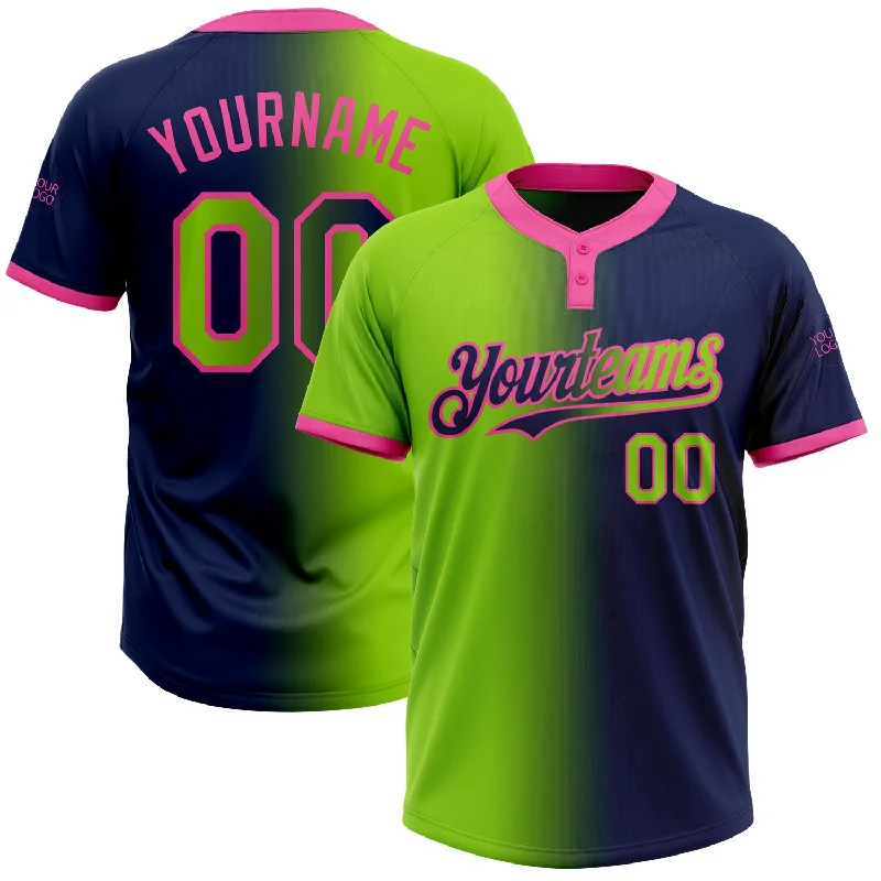 Team Spirit Softball Jersey for School Events-Custom Navy Neon Green-Pink Gradient Fashion Two-Button Unisex Softball Jersey