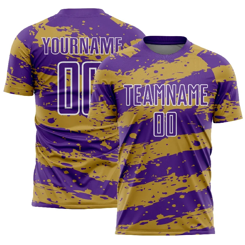 Classic Football Jersey for Game Day-Custom Purple Old Gold-White Splash Sublimation Soccer Uniform Jersey