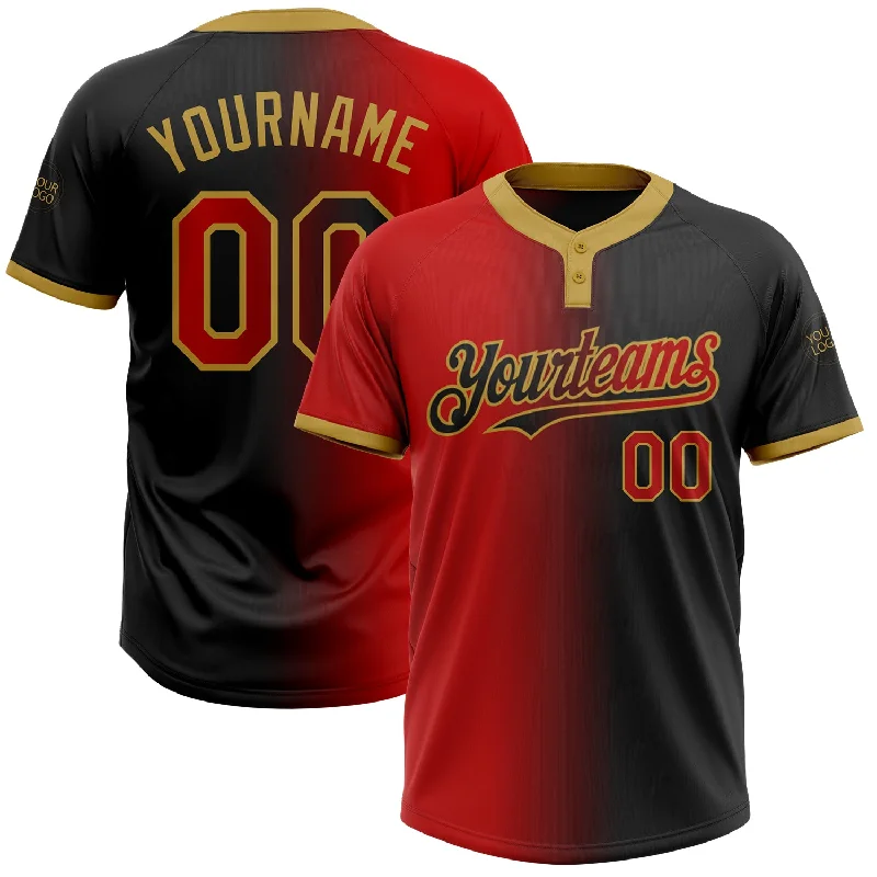 Breathable Softball Jersey for Active Play-Custom Black Red-Old Gold Gradient Fashion Two-Button Unisex Softball Jersey