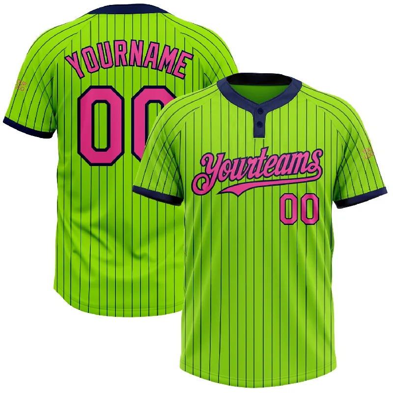 Softball Jersey for Streetwear and Casual Looks-Custom Neon Green Navy Pinstripe Pink Two-Button Unisex Softball Jersey