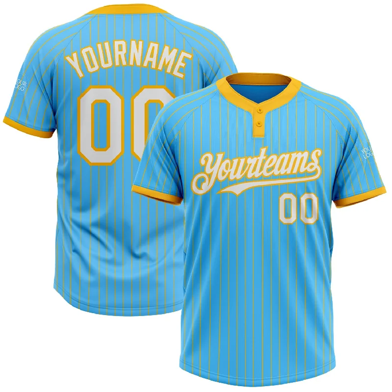 Retro-Inspired Softball Jersey for Vintage Style-Custom Sky Blue Gold Pinstripe White Two-Button Unisex Softball Jersey