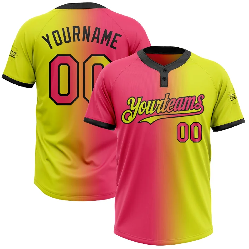 Team Softball Jersey with Custom Fonts and Colors-Custom Neon Yellow Neon Pink-Black Gradient Fashion Two-Button Unisex Softball Jersey