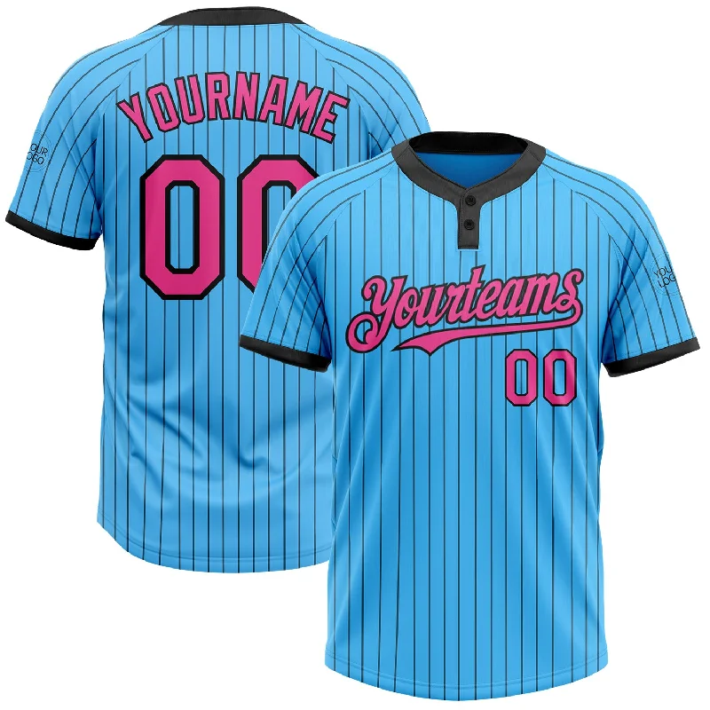 Stylish Softball Jersey with Color Block Design-Custom Sky Blue Black Pinstripe Pink Two-Button Unisex Softball Jersey