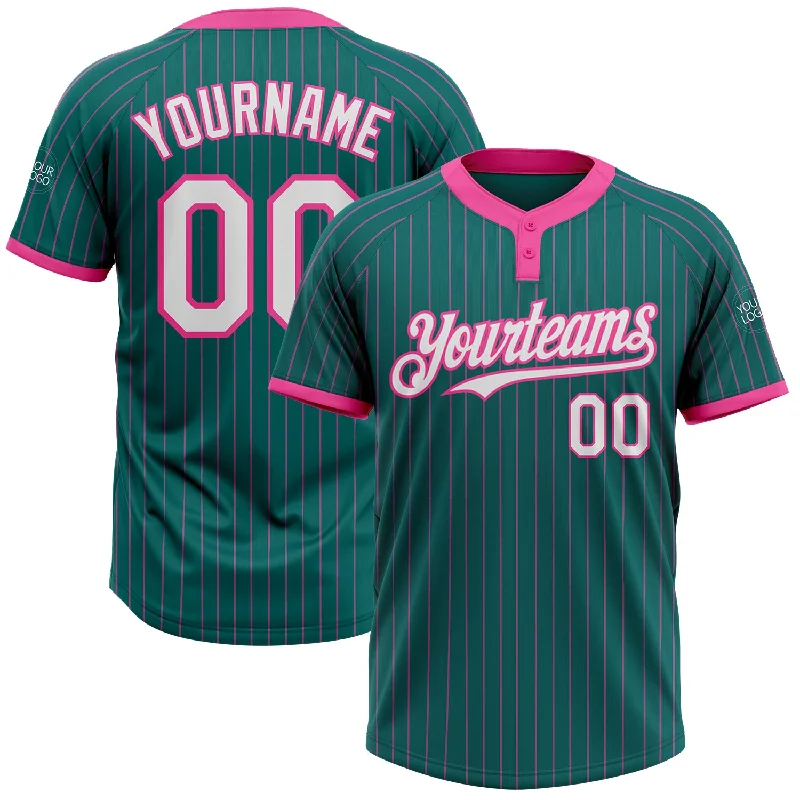 Softball Jersey with Bold Graphics for Style-Custom Teal Pink Pinstripe White Two-Button Unisex Softball Jersey