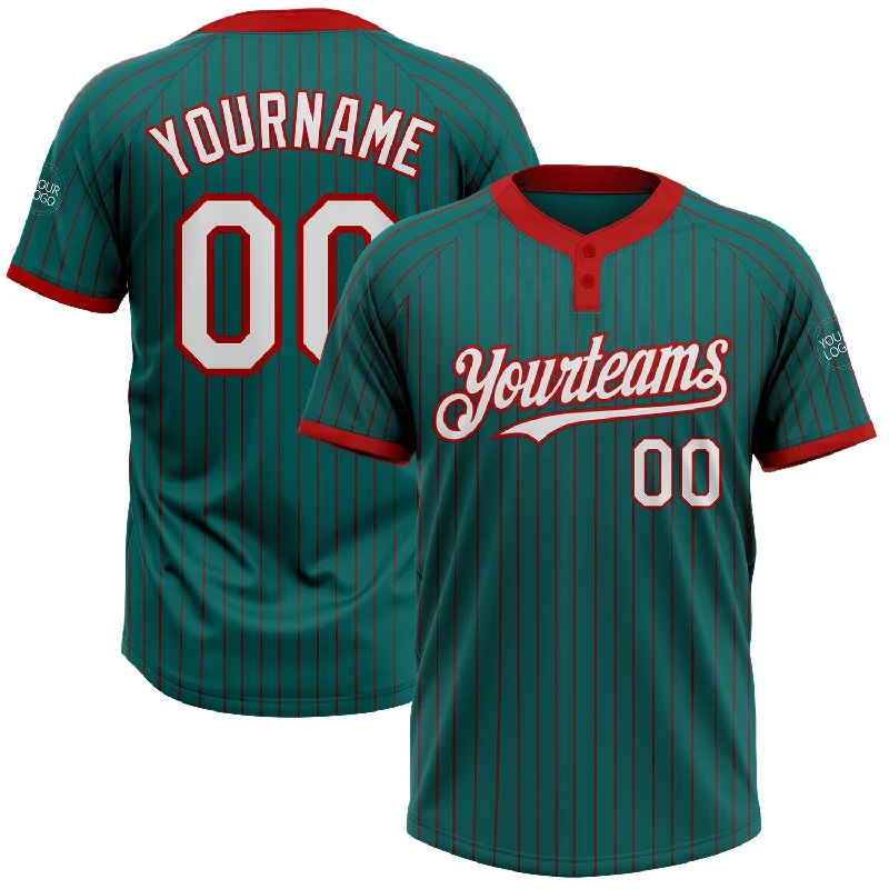 Comfortable Softball Jersey for All Seasons-Custom Teal Red Pinstripe White Two-Button Unisex Softball Jersey