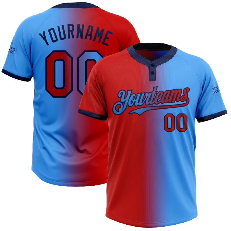 Team Softball Jersey with Custom Fonts and Colors-Custom Electric Blue Red-Navy Gradient Fashion Two-Button Unisex Softball Jersey