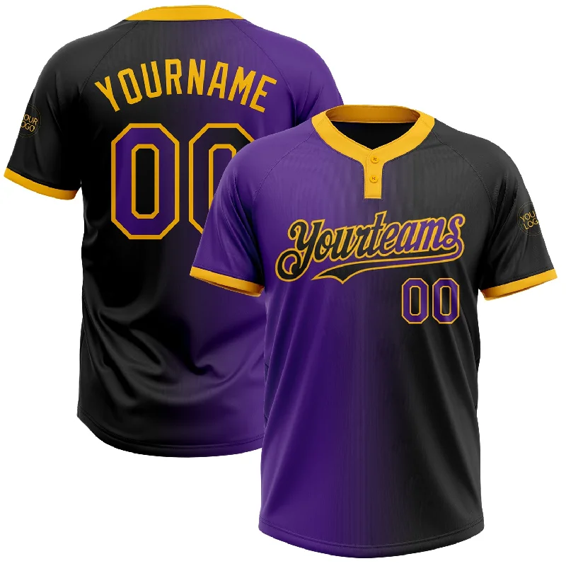 Comfortable Softball Jersey for Everyday Wear-Custom Black Purple-Gold Gradient Fashion Two-Button Unisex Softball Jersey