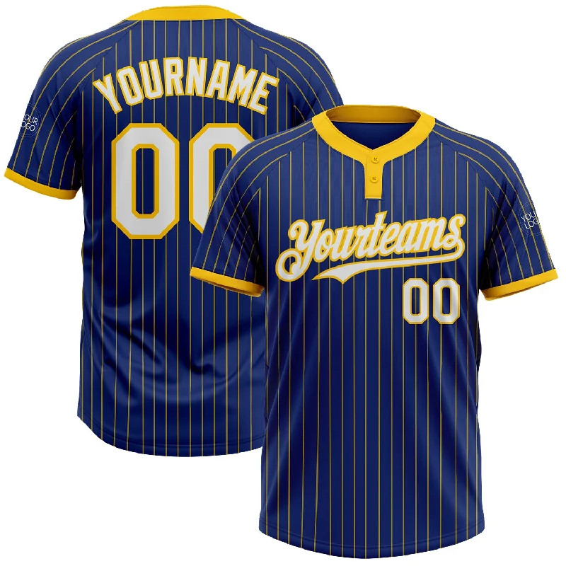 Custom Softball Jersey for Charity Games-Custom Royal Yellow Pinstripe White Two-Button Unisex Softball Jersey