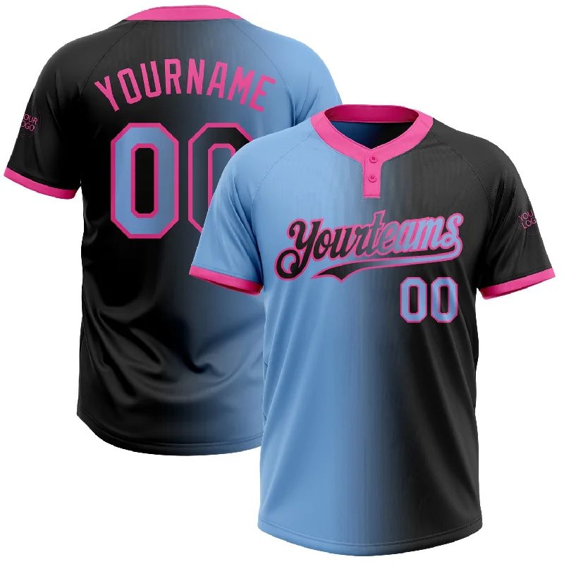 Performance Softball Jersey with Stretch Fabric-Custom Black Light Blue-Pink Gradient Fashion Two-Button Unisex Softball Jersey