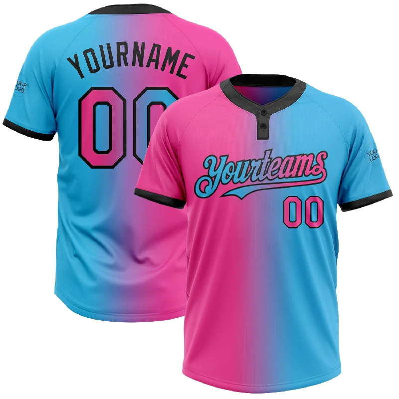 Custom Printed Softball Jersey for Fan Support-Custom Sky Blue Pink-Black Gradient Fashion Two-Button Unisex Softball Jersey