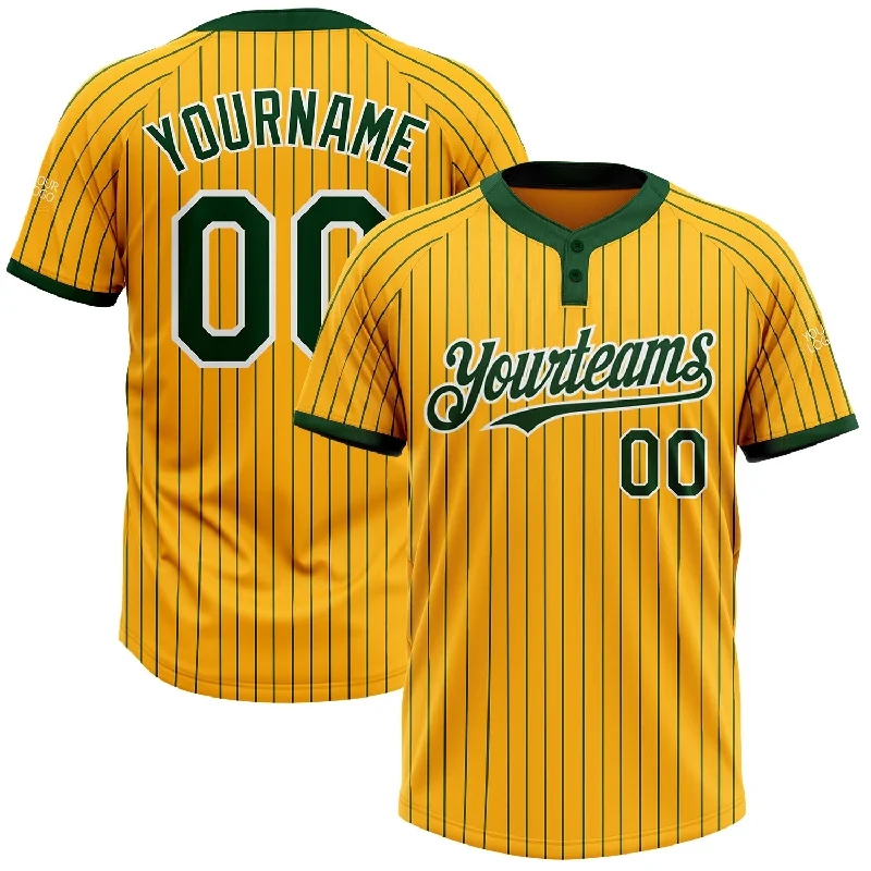 Classic Softball Jersey for Traditional Style-Custom Gold Green Pinstripe White Two-Button Unisex Softball Jersey