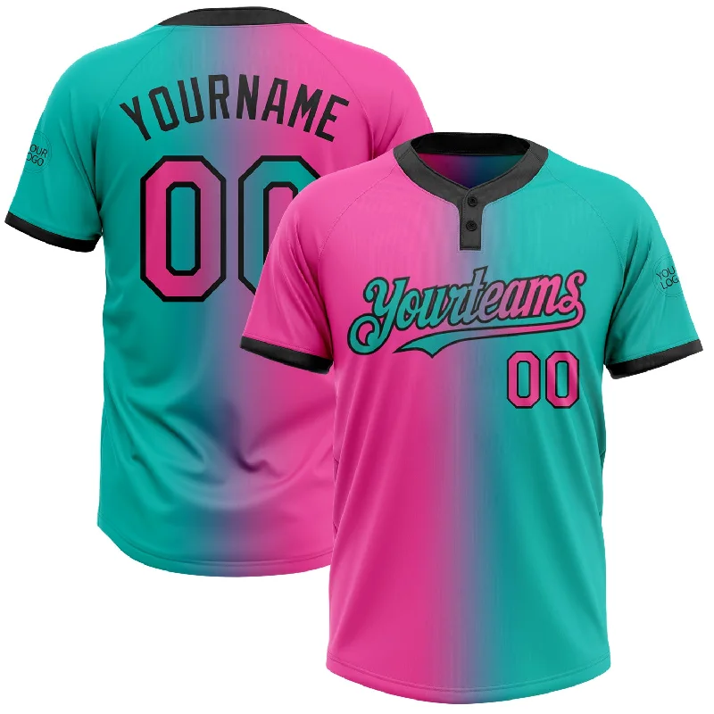 Soft Softball Jersey for Casual Wear-Custom Aqua Pink-Black Gradient Fashion Two-Button Unisex Softball Jersey