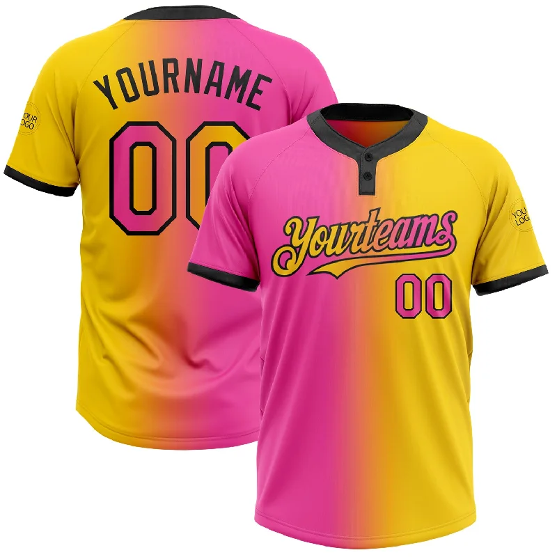 Softball Jersey with Team Number for Customization-Custom Yellow Pink-Black Gradient Fashion Two-Button Unisex Softball Jersey