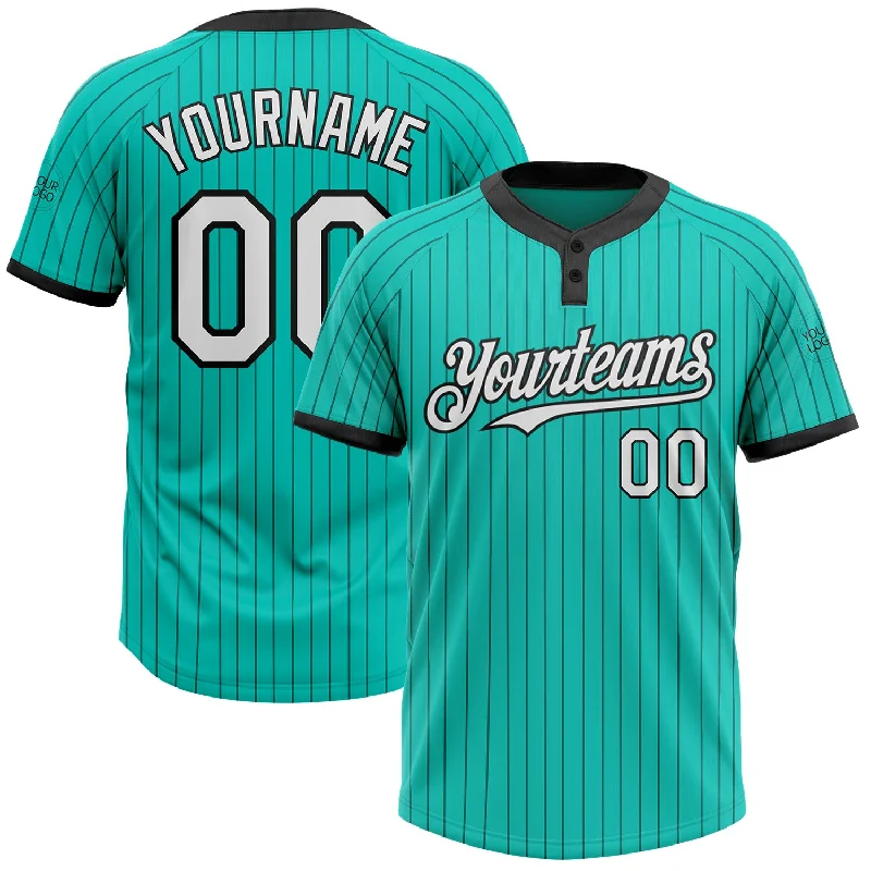 Softball Jersey with Team Logo for Fans-Custom Aqua Black Pinstripe White Two-Button Unisex Softball Jersey