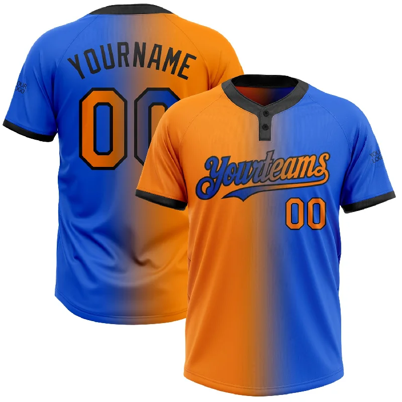 Personalized Softball Jersey for Special Occasions-Custom Thunder Blue Bay Orange-Black Gradient Fashion Two-Button Unisex Softball Jersey