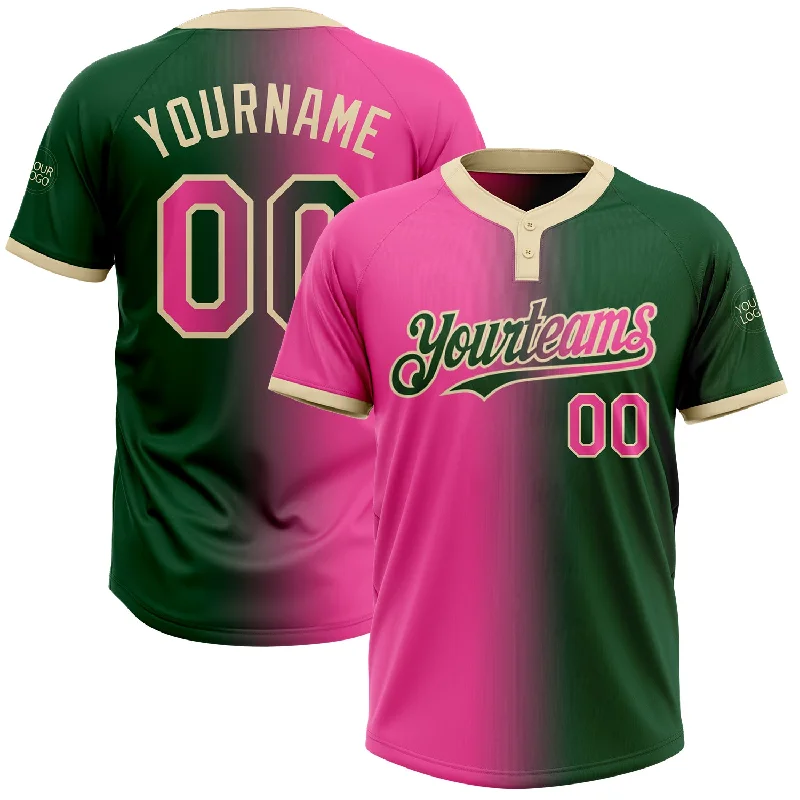 Youth Softball Jersey with Bold Patterns-Custom Green Pink-Cream Gradient Fashion Two-Button Unisex Softball Jersey