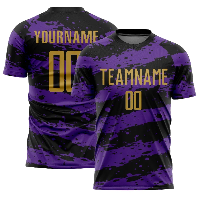 Premium Football Jersey for Professional Teams-Custom Black Old Gold-Purple Splash Sublimation Soccer Uniform Jersey