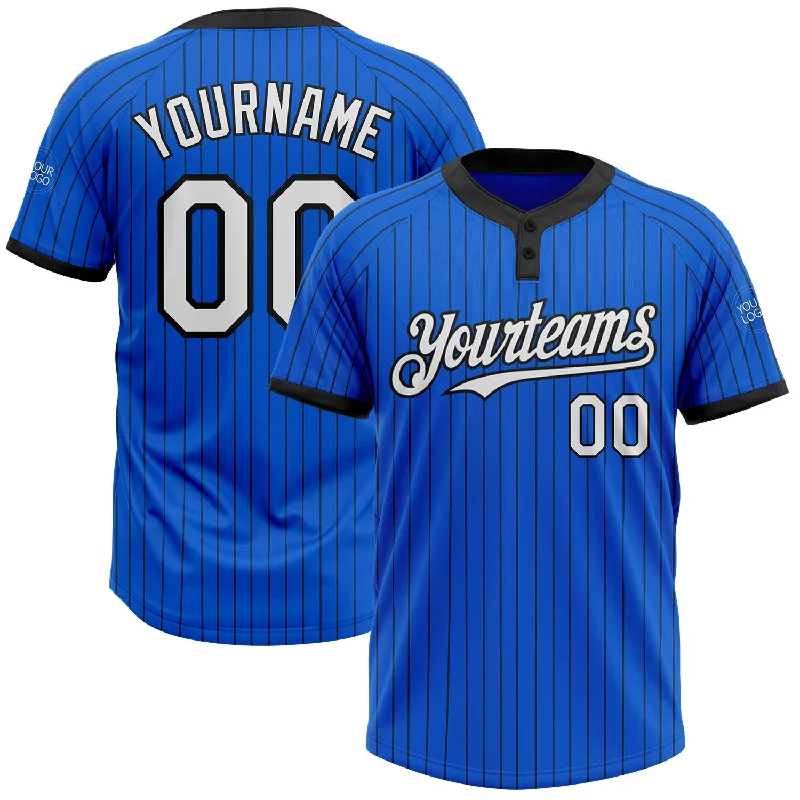 Personalized Softball Jersey for Special Events-Custom Thunder Blue Black Pinstripe White Two-Button Unisex Softball Jersey